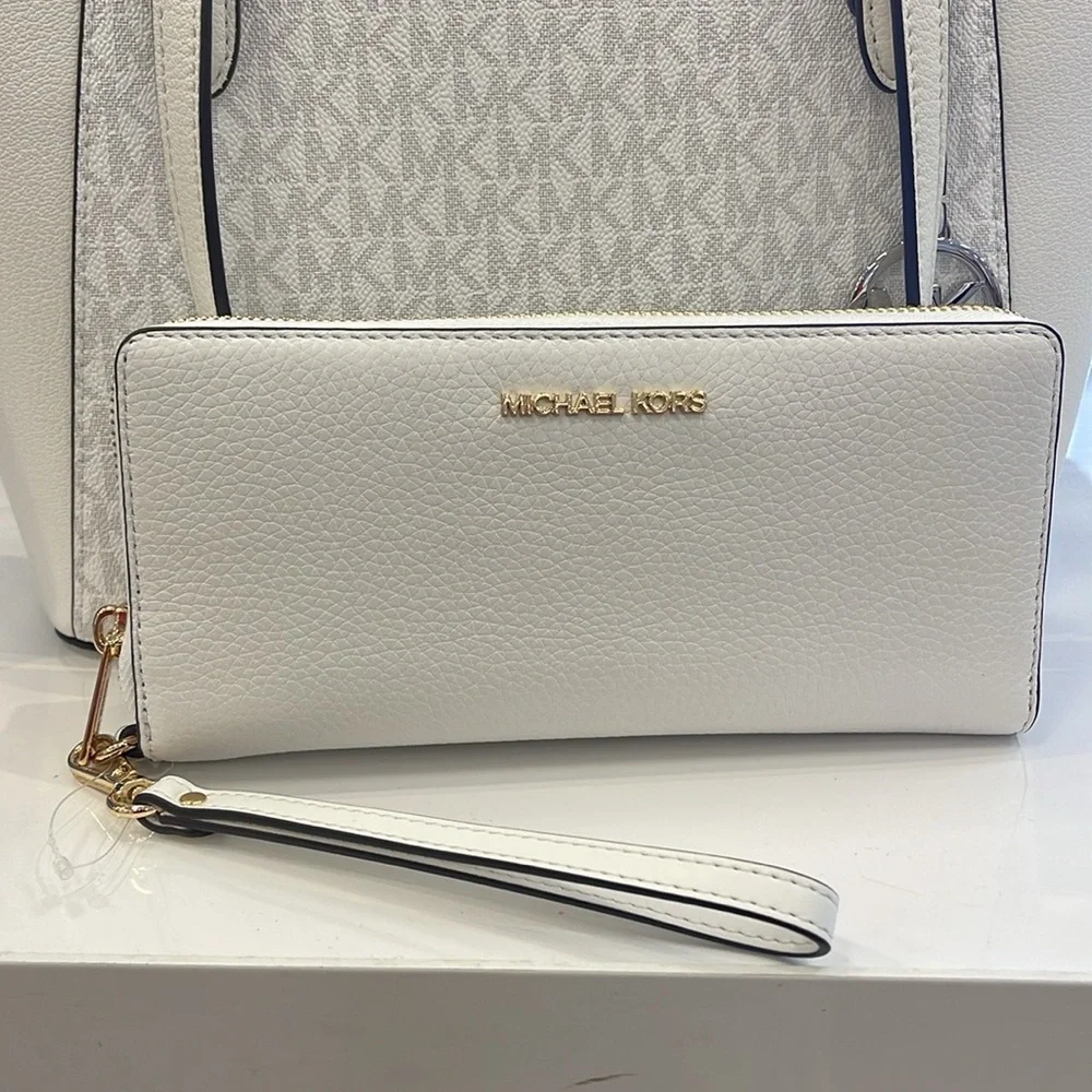 MICHAEL KORS Leather Continental Wristlet Phone Case Wallet Optic White NWT